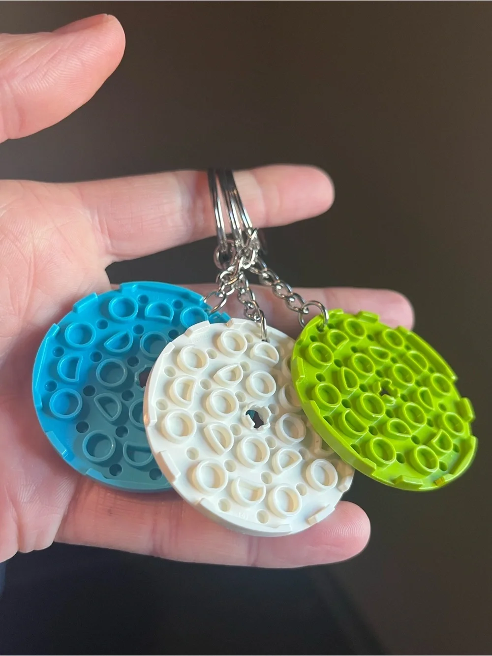 Lego Blue, Lime Green & White Round Stud Keychain Set